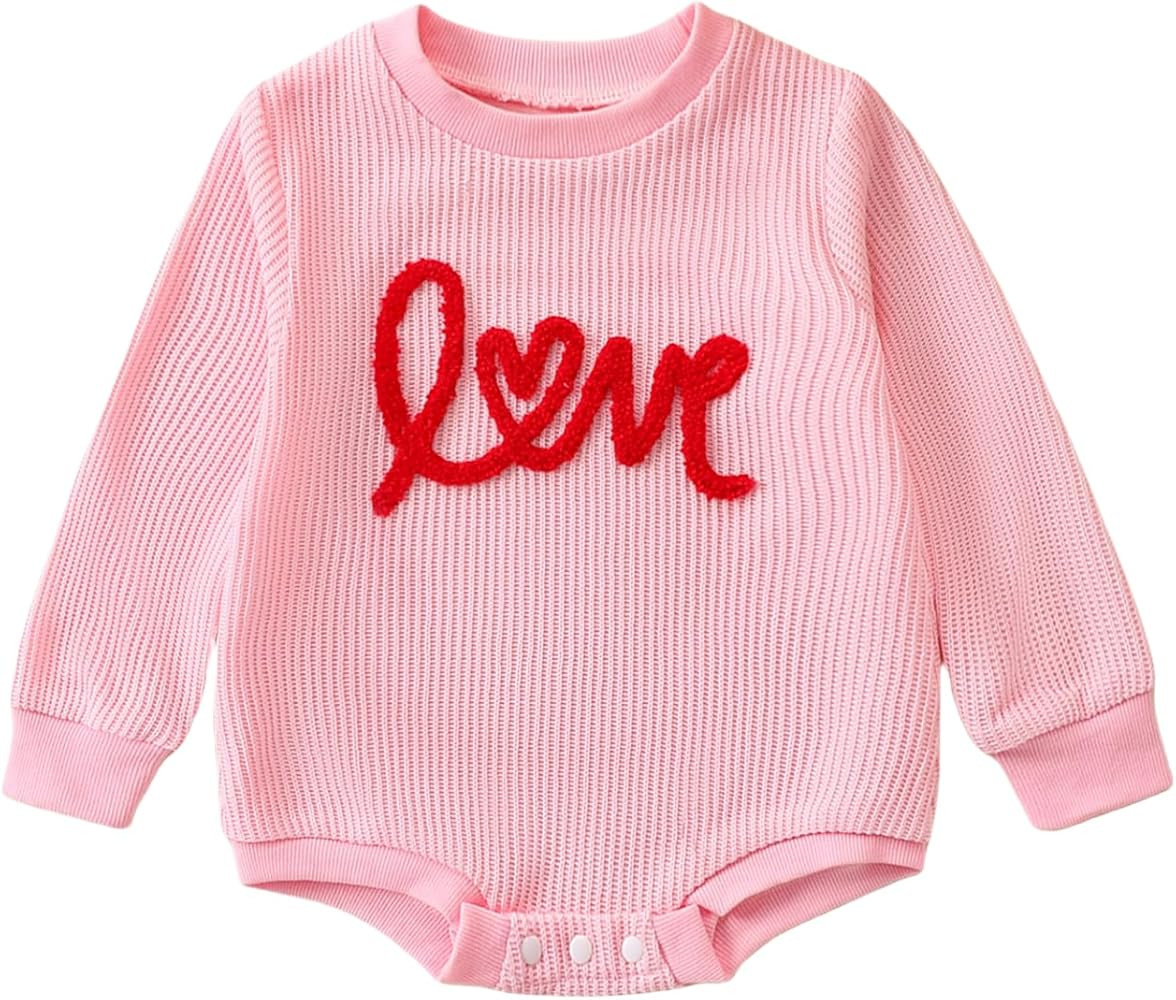 Newborn Baby Girl Valentines Day Outfit Love Bubble Romper Waffle Knit Sweater Oversized Pullover... | Amazon (US)