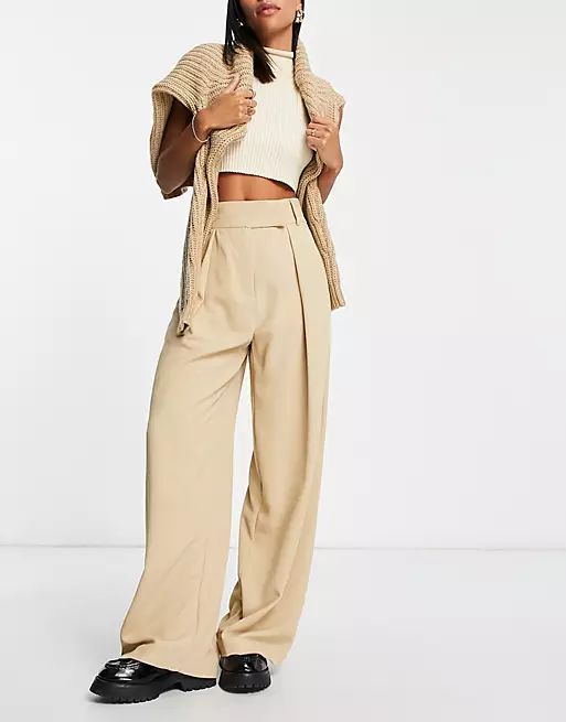 River Island pleated detail wide leg pants in beige - part of a set | ASOS (Global)