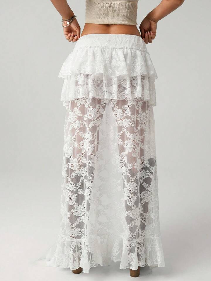 SHEIN ICON Hippie Cowgi Outfit 90s Clothes Ultra Low Waist Lace Tiered Mini Front Long Back Long ... | SHEIN