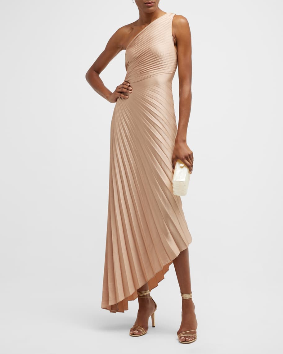 A.L.C. Delfine Pleated One-Shoulder Midi Dress | Neiman Marcus