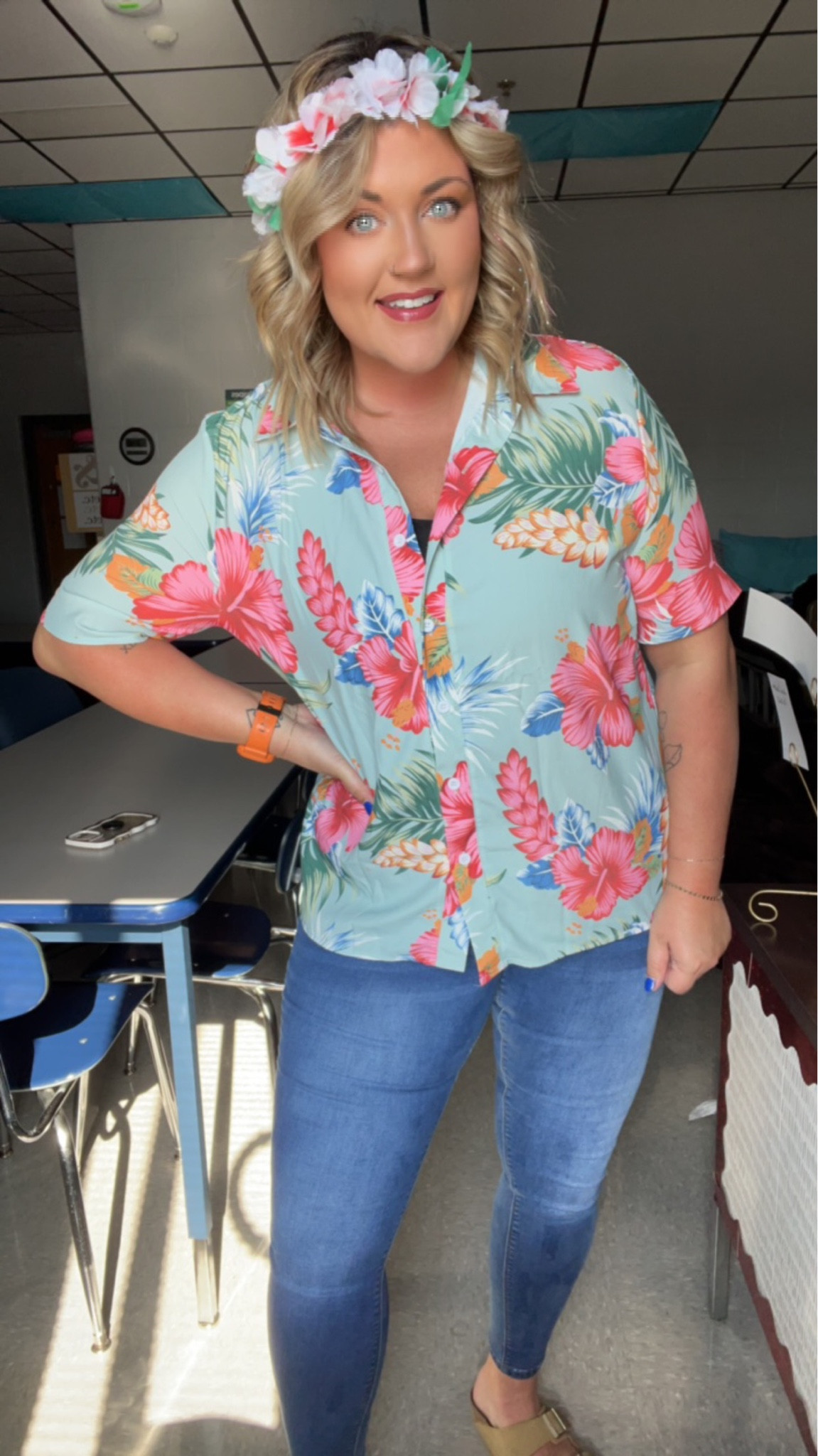 Homecoming dress up day #1: HAWAIIAN 🌸 teacher dress up days are the best! Jeans, Birkenstocks, & a button up Hawaiian shirt for the W! 

#LTKplussize #LTKfindsunder50 #LTKbeauty