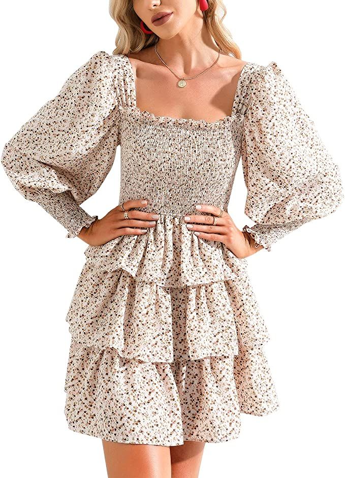 Byinns Womens Square Neck Tiered Ruffle Dress Floral Print Long Lantern Sleeve Tie Back Flowy Lay... | Amazon (US)