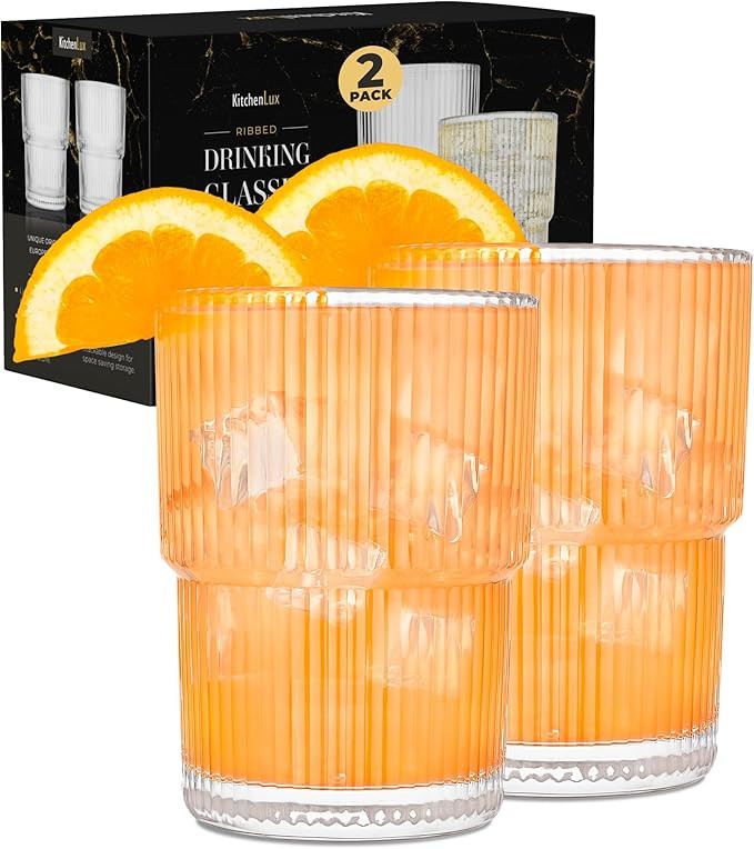Ribbed Drinking Glasses - Ribbed Glass Cups 15 oz - Ribbed Glassware Set of 2 - Textured Vintage ... | Amazon (US)