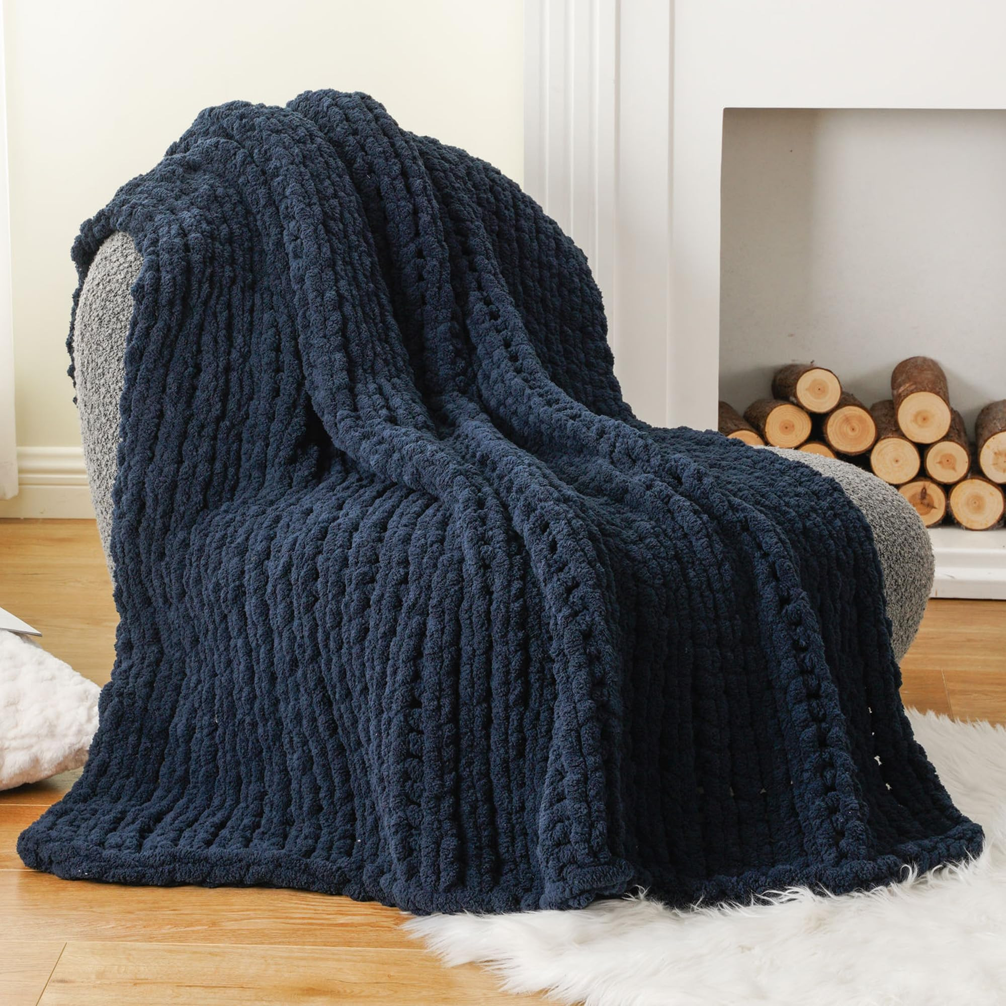 Battilo Navy Chunky Knit Throw Blanket, Soft and Thick Navy Blue Chenille Throw Blanket, 50"x60" ... | Amazon (US)