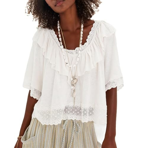 Women Lace Trim Flowy Shirt Y2k Half Short Sleeve Ruffle Low Cut Babydoll Tops Boho Cute Fairy Go... | Amazon (US)