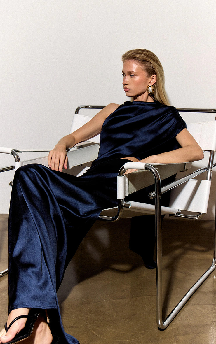 Navy Satin Low Rise Maxi Skirt | PrettyLittleThing US