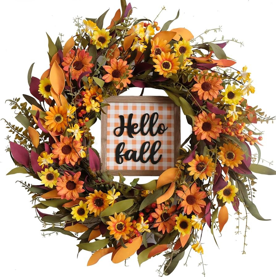 Bibelot Fall Wreaths for Front Door, 22'' Artificial Eucalyptus Leaves, Yellow Flowers Wreath, Au... | Amazon (US)