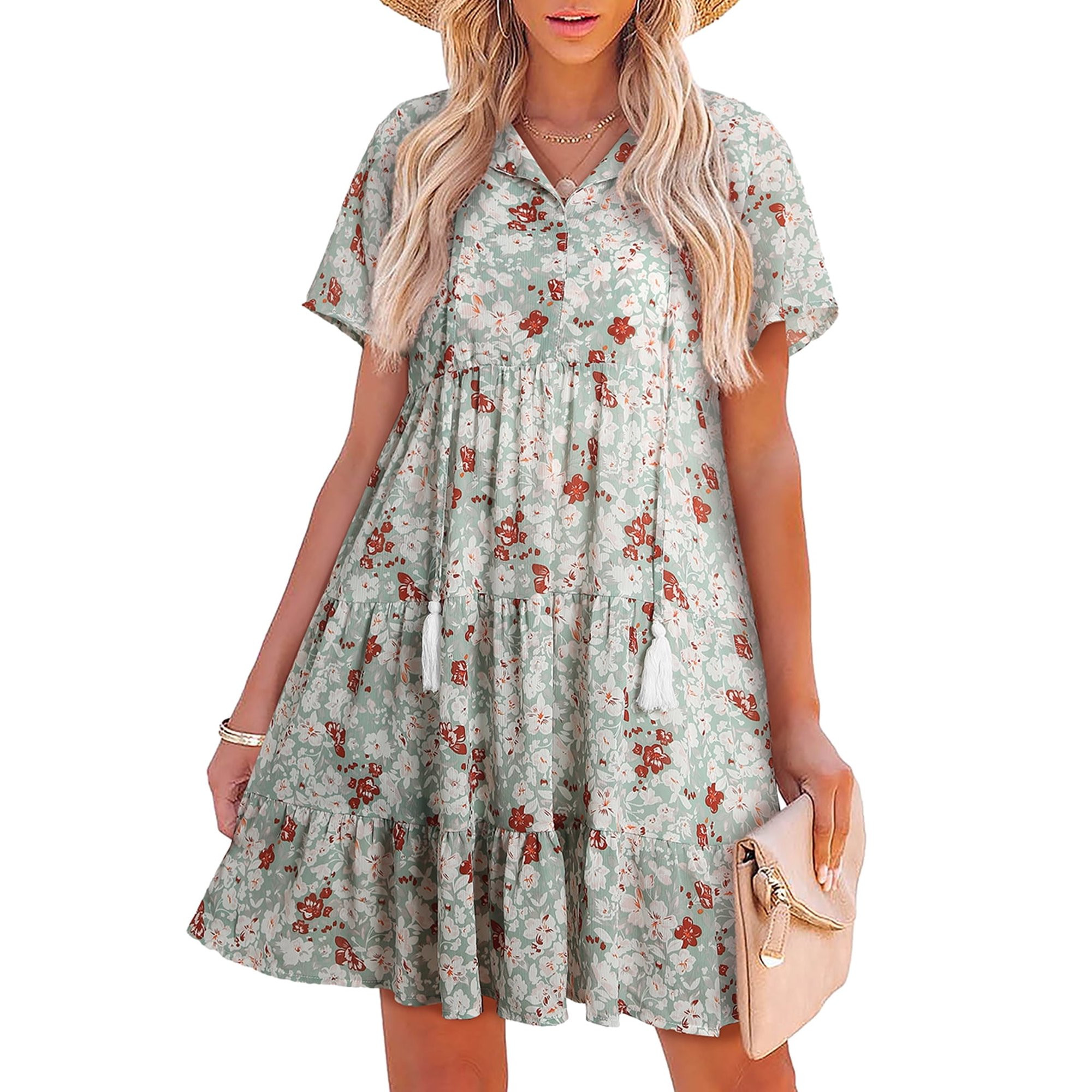 Dokotoo Womens Mini Dresses Causal Loose Boho Floral Babydoll Mini Dress V Neckline Short Sleeve ... | Walmart (US)