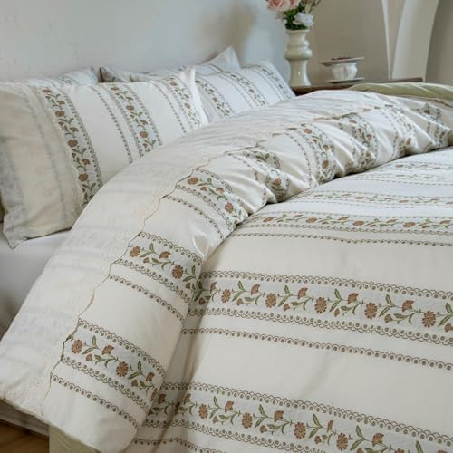 Lemfux Green Jacquard Striped Duvet Cover Set King Size, Cottagecore Farmhouse Bedding with Lace ... | Amazon (US)