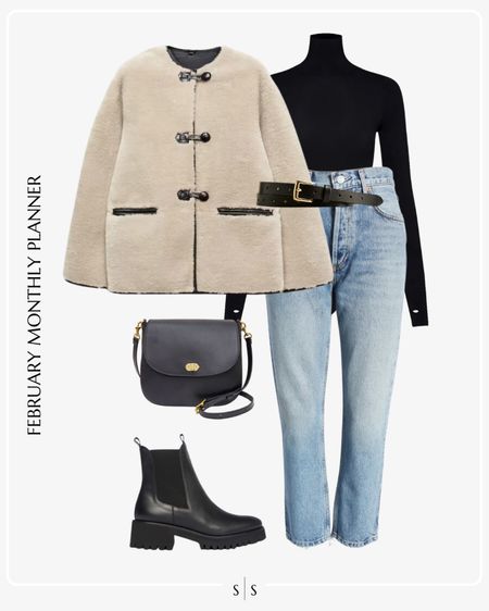Monthly outfit planner: FEBRUARY: Winter looks | Sherpa jacket, turtleneck bodysuit, cropped straight jean, Brooke lug boot, crossbody bag, belt 

See the entire calendar on thesarahstories.com ✨ 


#LTKstyletip