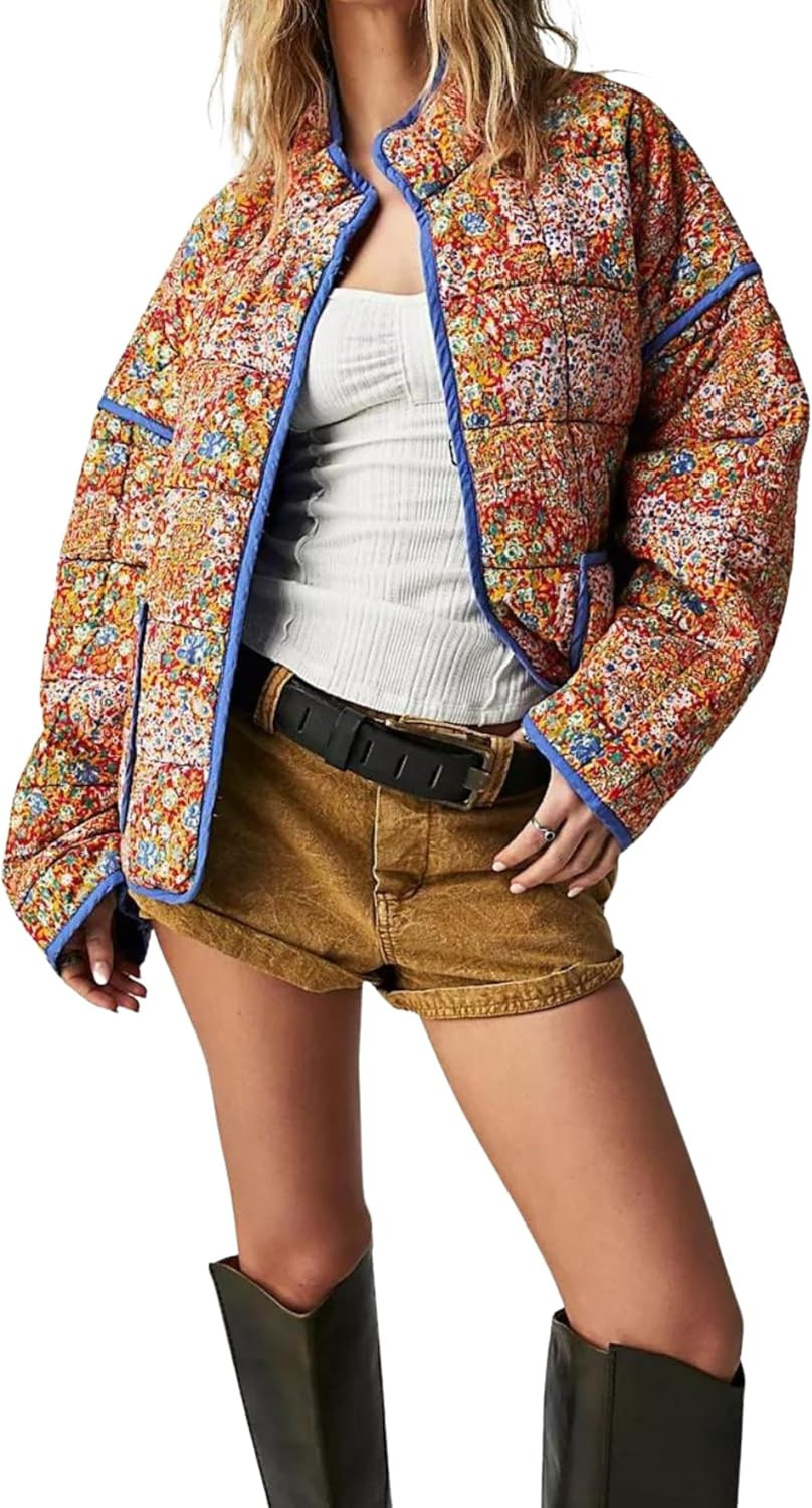 Omoone Women's Cropped Floral Quilted Jacket Cardigan Printed Lightweight Open Front Padded Puffe... | Amazon (US)