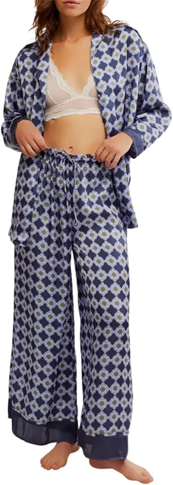 Women Floral Satin Pajama Set Y2k Long Sleeve Button down Shirt Wide Leg Pants 2 Piece Silk Loung... | Amazon (US)