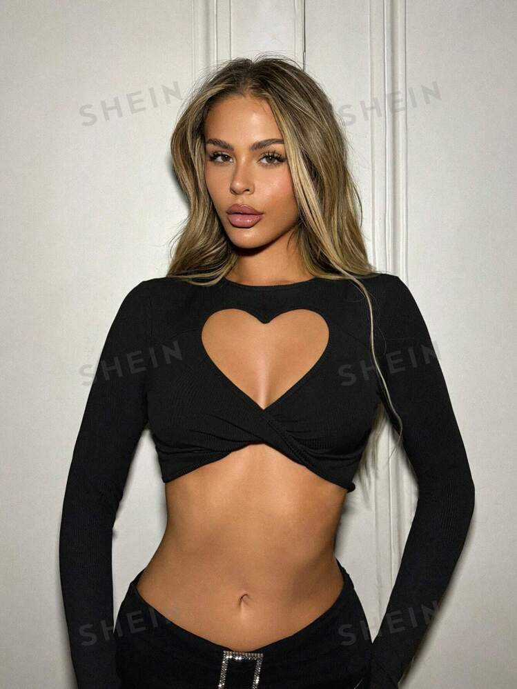 SHEIN ICON Y2k Black Slim-Fitting Heart Cutout Twist Front Long Sleeve Women's T-Shirt Fall Crop ... | SHEIN