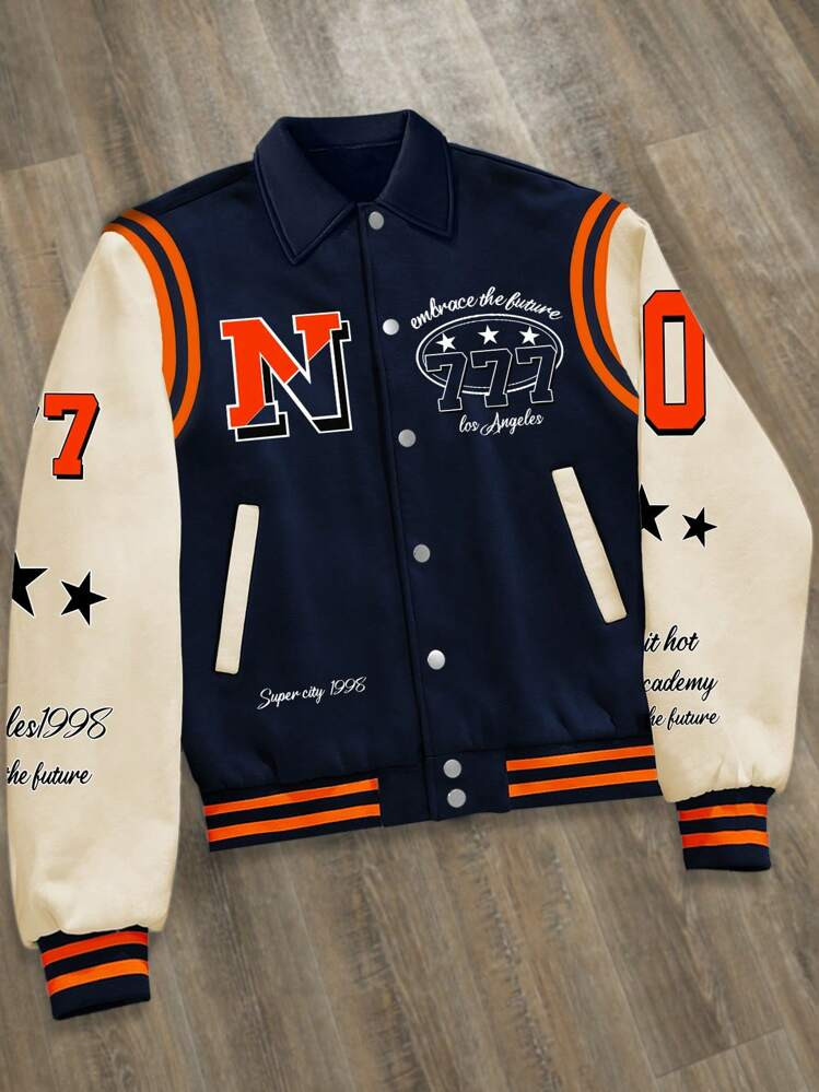 Manfinity EMRG Men's Letter Print Contrast Color Long Sleeve Single Breasted Casual Jacket For Au... | SHEIN