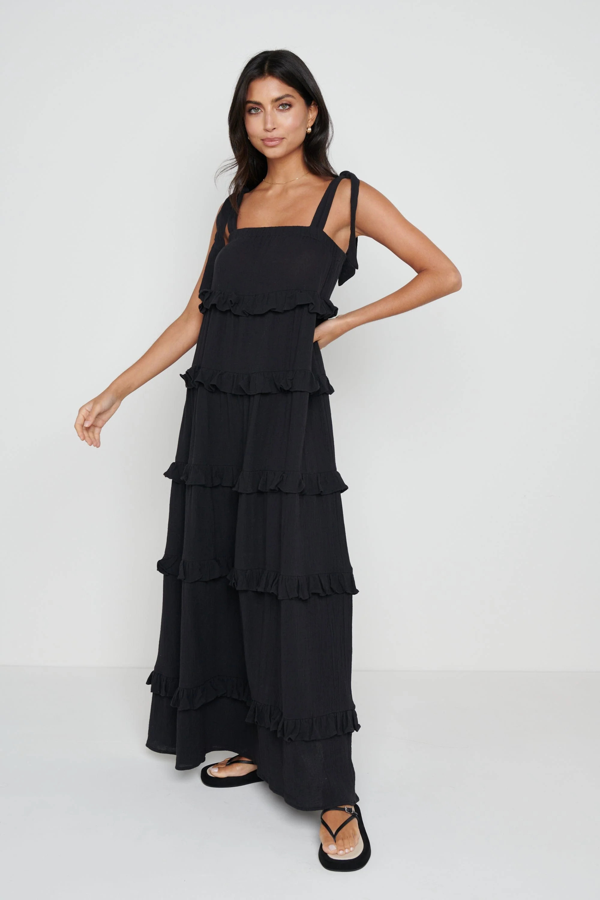Rosetta Ruffle Midaxi Dress - Black | Pretty Lavish (UK)