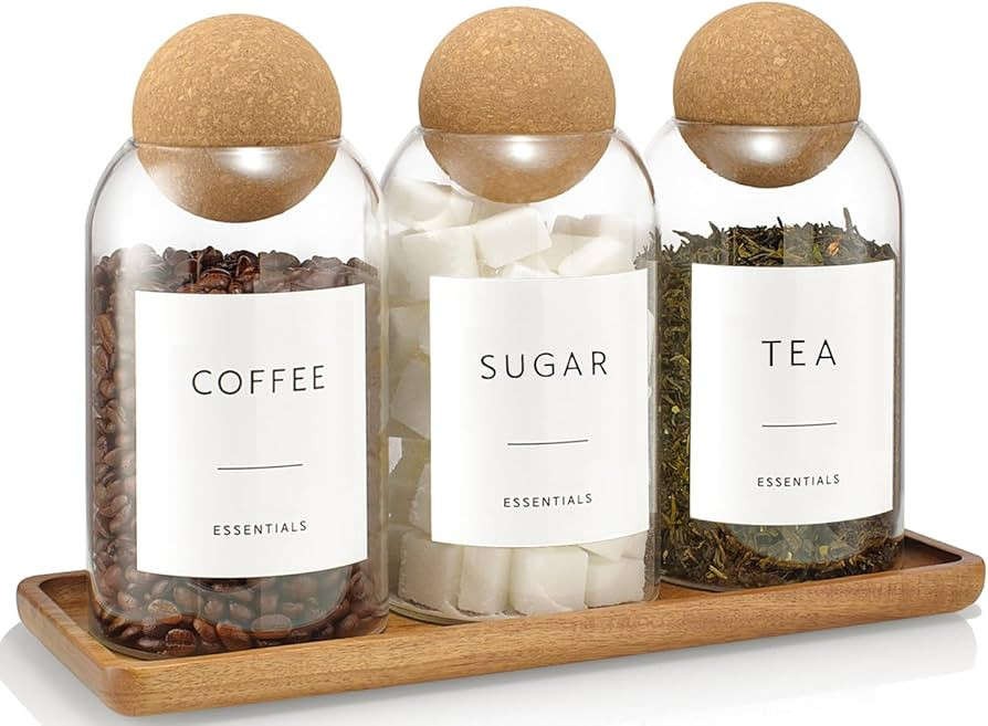 Coffee Sugar Tea Container Set, 3 Pack Glass Jars with Cork Lids, Apothecary Jars with Tray for B... | Amazon (US)