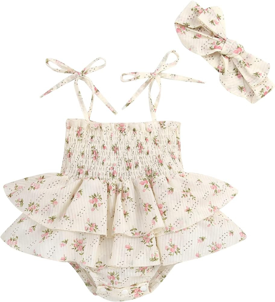 Kids Baby Girl Summer Jumpsuit Set Floral Elasticated Bust Sleeveless Ruffle Smocked Halter Tulle... | Amazon (US)
