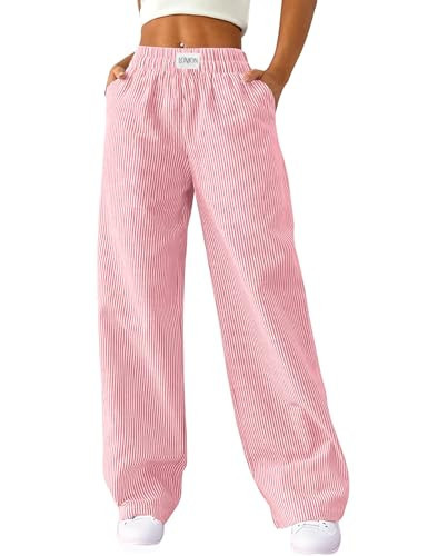 LOMON Women's Striped Wide Leg Boxers Pants Pajama Lounge Pj Casual Trousers Y2K Flowy Bottoms with Pockets (Red White Stripe, S) | Amazon (US)