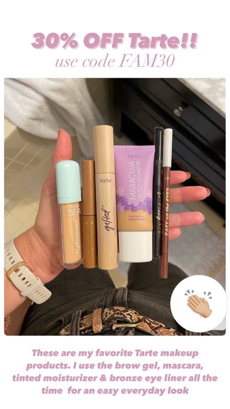 Last night for 30% off at Tarte

These are my everyday makeup favorites from them — concealer, tinted brow gel (with the perfect applicator!), volumizing mascara, tinted hydrating moisturizer, liquid eyeliner pen & creamy bronze eyeliner 

#LTKbeauty #LTKunder50 #LTKsalealert
