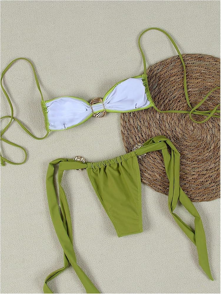 SHENHE Women's Cheeky Two Piece String Bikini Set Shell Ring Ruched Brazilian Thong Swimsuits | Amazon (US)