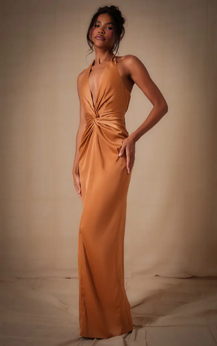Copper Satin Twist Plunge Halterneck Maxi Dress | PrettyLittleThing US
