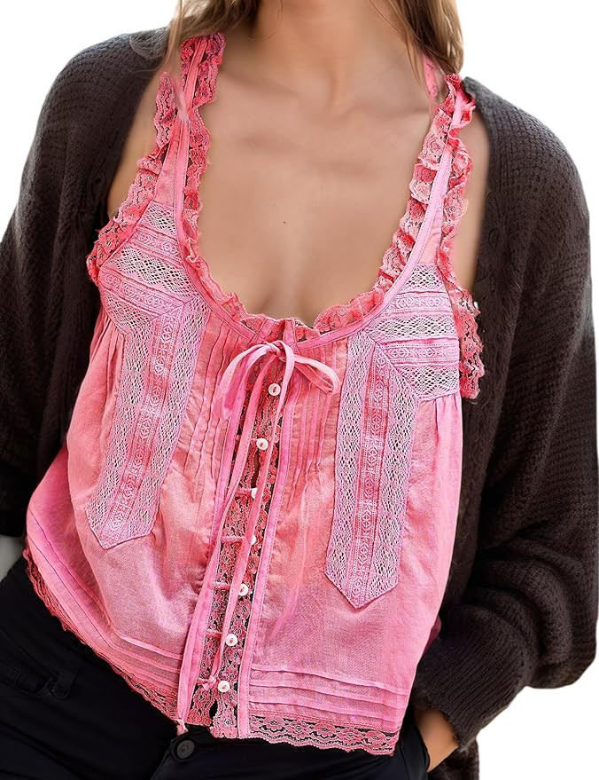 Women Summer Boho Tie Front Tank Top Lace Beach Vacation Y2k Button Down Cardigan Fashion Crop To... | Amazon (US)
