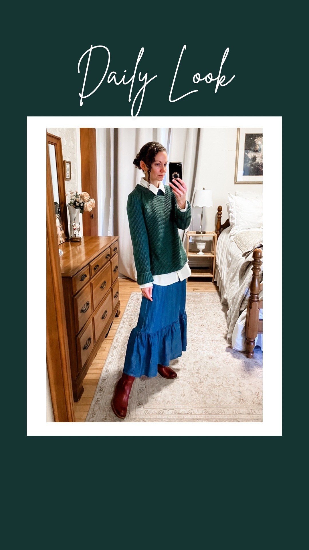 A cotton sweater and denim skirt for early spring!
Green cotton sweater from @Quince 
White button up shirt from Amazon. 
Denim midi skirt from Amazon. 
Gold braided hoops are old, linking similar. 
Brown leather riding boots from Sofft. 
Petite outfit. Modest outfit. Spring outfit. Preppy outfit  

#LTKdayinmylife #LTKmomlife #LTKootd