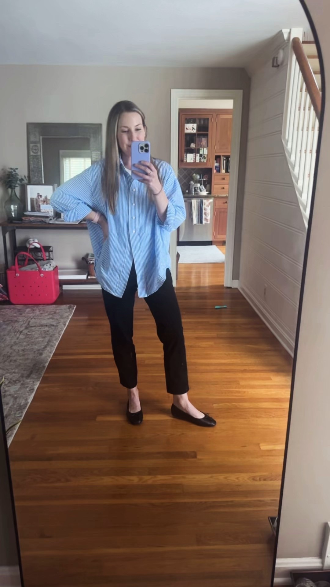 My OOTD from work yesterday - tried to find the links but everything is old. I did link the exact white body suit I wore under this shirt (it comes in a 5 pack from
Amazon and it’s a Skims dupe - SO good)! 

Blue stripped button down is an old Favorite Daughter purchase from Nordstrom. 

Black cropped work pants are old from H&M 

Shoes also old from Nordstroms - Cole Haan 



#LTKWorkwear #LTKTravel #LTKStyleTip