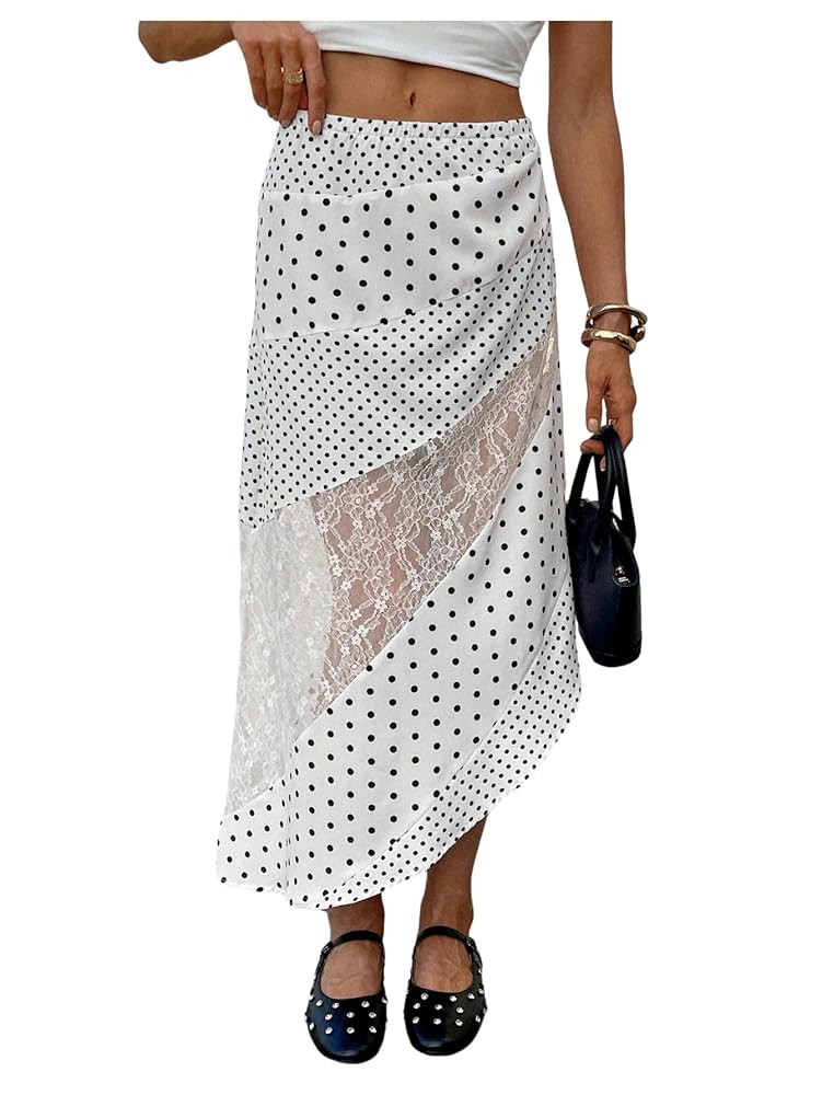 Verdusa Women's Polka Dots Skirt Lace Asymmetrical High Waist Elegant Midi Skirts | Amazon (US)