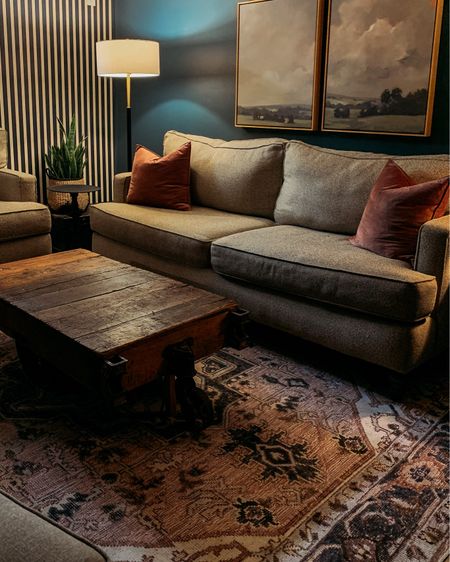 Finished basement cozy family room lounge with pink vintage washable rug from Rugs USA, original framed artwork from Minted, cozy sofa upgraded with new turned furniture legs. Black and gold floor lamp, navy striped wallpaperr

#LTKfindsunder100 #LTKhome #LTKfindsunder50