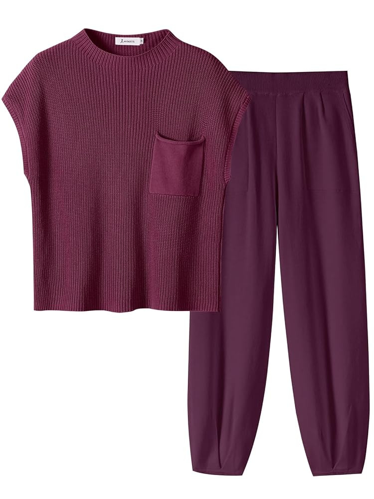 ANRABESS Women's Two Piece Outfits Knit Sweater Vest Crop Top Pants Lounge Matching Tracksuit Swe... | Amazon (US)