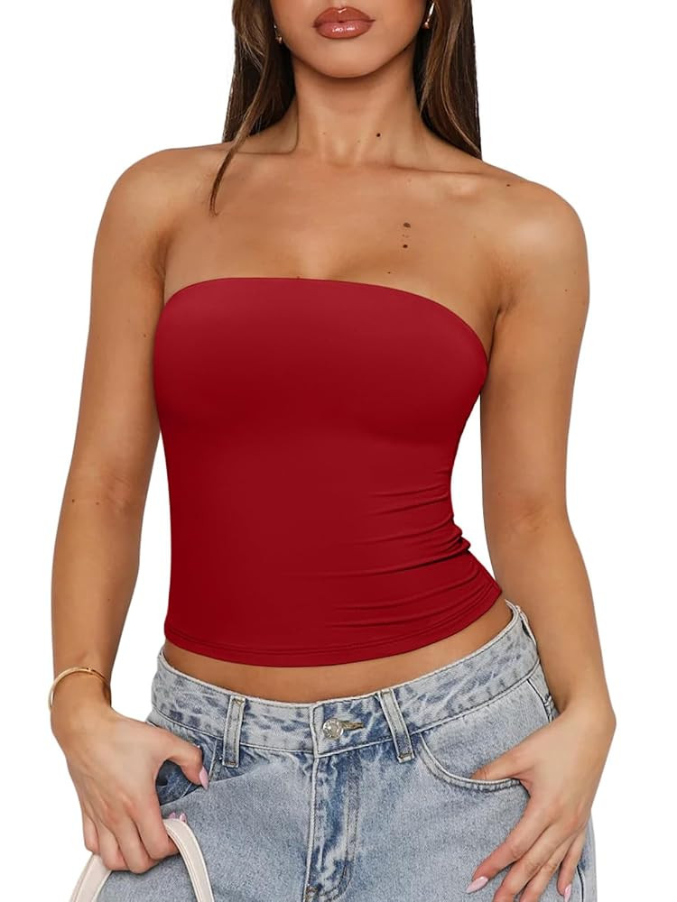 REORIA Women's Y2K Strapless Backless Tube Top Double Lined Sleeveless Crop Tank Top for Summer 2... | Amazon (US)
