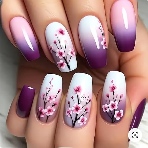 MMNHJHUT 24Pcs Cute Flower Press on Nails Long Square Glossy False Nails Purple Gradient Acrylic Nails Full Cover Spring Summer Nail Art Decor | Amazon (US)