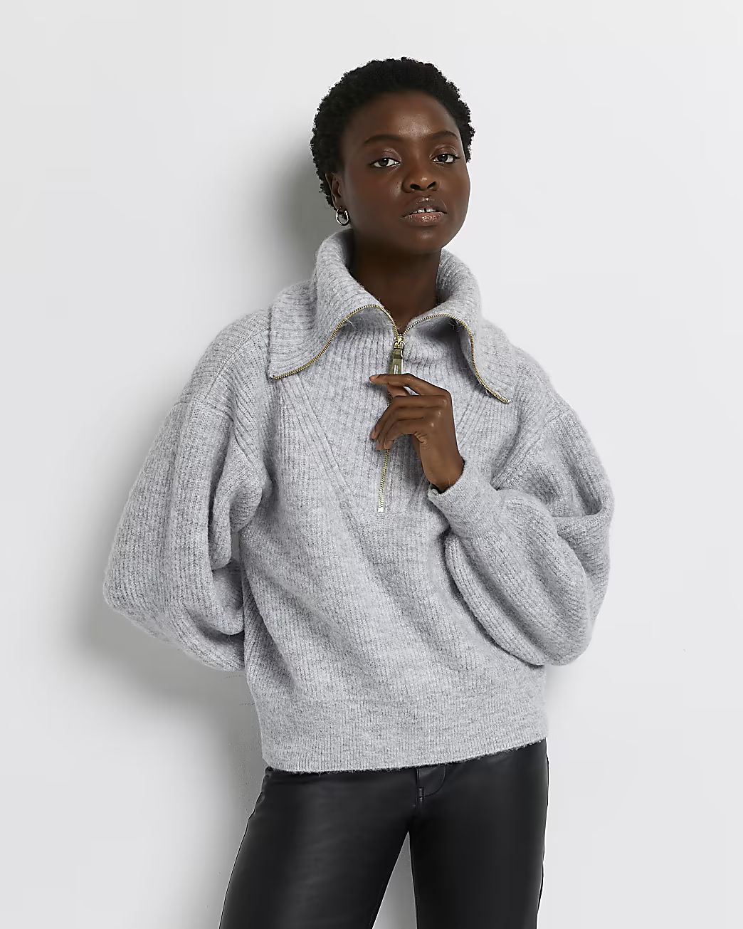 Grey half zip knitted jumper | River Island (UK & IE)
