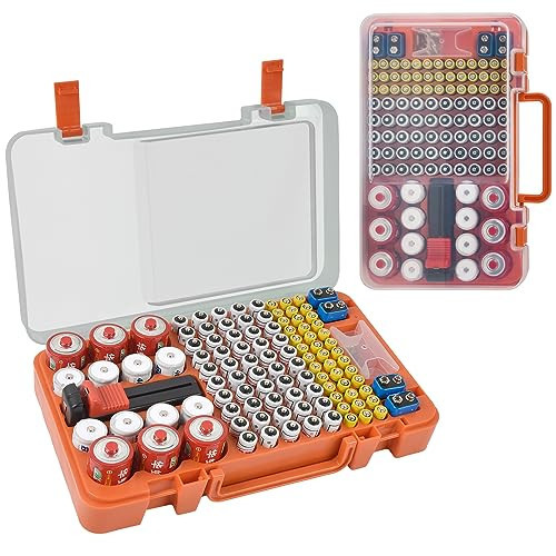 Battery Organizer Storage Case with Tester Checker. Batteries Holder Box Container for 120+ AA AAA 9V C D Lithium CR2025 CR1632 CR2032 Coin Cell Battery with Wall-Mounted Design -Orange | Amazon (US)