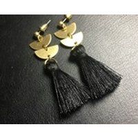 Tassel earrings, black tassel earrings, brass ear wire hooks | Etsy (US)
