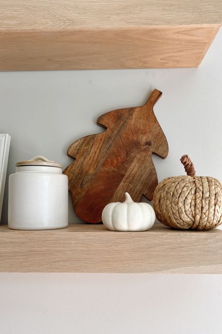 The cutest fall shelf decor! I used these items from target to decorate my kitchen shelves for fall - the acorn serving tray is my favorite but the woven and ceramic pumpkins and ceramic canister are cute, too! 

#LTKSeasonal #LTKhome #LTKunder50