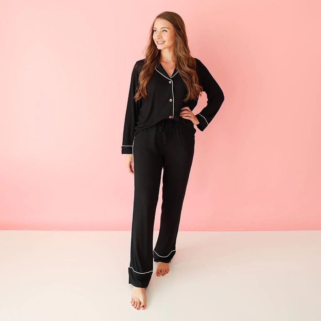 Solid Womens Pajamas | Long Sleeve Loungewear | Black Ribbed | Posh Peanut