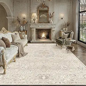 8x10 Beige Area Rug Washable Vintage Carpet for Living Room Low Pile Non Slip Soft Distressed Dur... | Amazon (US)