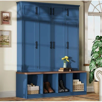 Farmhouse Hall Tree with 4 Hidden Hanging Hooks - 8-Door Walnut Seating Bench & Open Compartment, Versatile Entryway Shoe Cabinet for Living Room | Wayfair North America