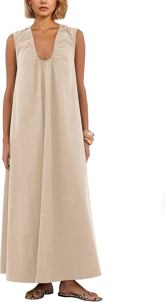 Women Sleeveless Ruched Maxi Dress Scoop Neck Long Elegant Dresses Wide Shoulder Strap Blouse Dre... | Amazon (US)