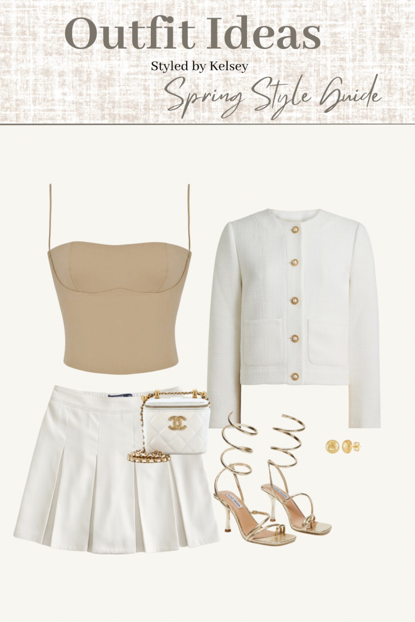 Preppy outfit inspo for spring. I love this cream pleated mini skirt paired with a tan corset top from house of CB and this Jcrew cream tweed cropped jacket. 

#LTKshoecrush #LTKstyletip #LTKSeasonal