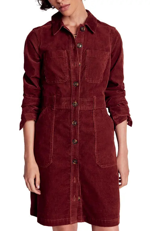 Boden Long Sleeve Corduroy Shirtdress in Chestnut at Nordstrom, Size 0 | Nordstrom