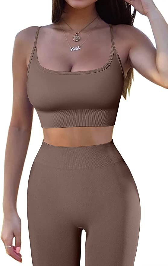 QINSEN Women 2 Piece Workout Outfits Sports Bra Seamless Leggings Yoga Gym Activewear Set | Amazon (US)