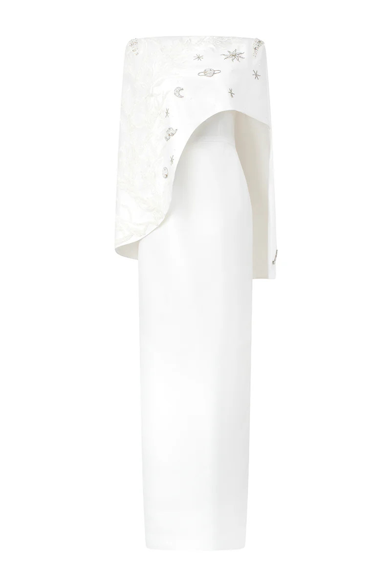 WHITE CAMISOLE STRAIGHT GOWN WITH ASYMMETRIC CAPE SET | Tracy Studio | CULT MIA | CULT MIA UK LTD