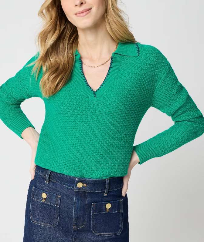 Kelly green collared sweater
Polo sweater 
Spring transitional outfit 

#LTKSaleAlert #LTKSeasonal