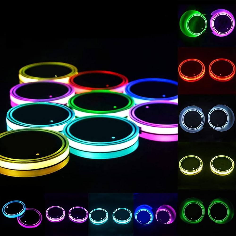Led Cup Holder Lights, 2 Pieces Car Cup Holder led Lights with 7 Colors USB Charging Mat Cup Pad Coa | Amazon (US)