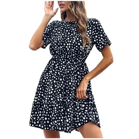 USSUMA Sundresses for Women Leopard Print Short Sleeve Casual Dresses for Women Ruffle Flowy Swing M | Walmart (US)