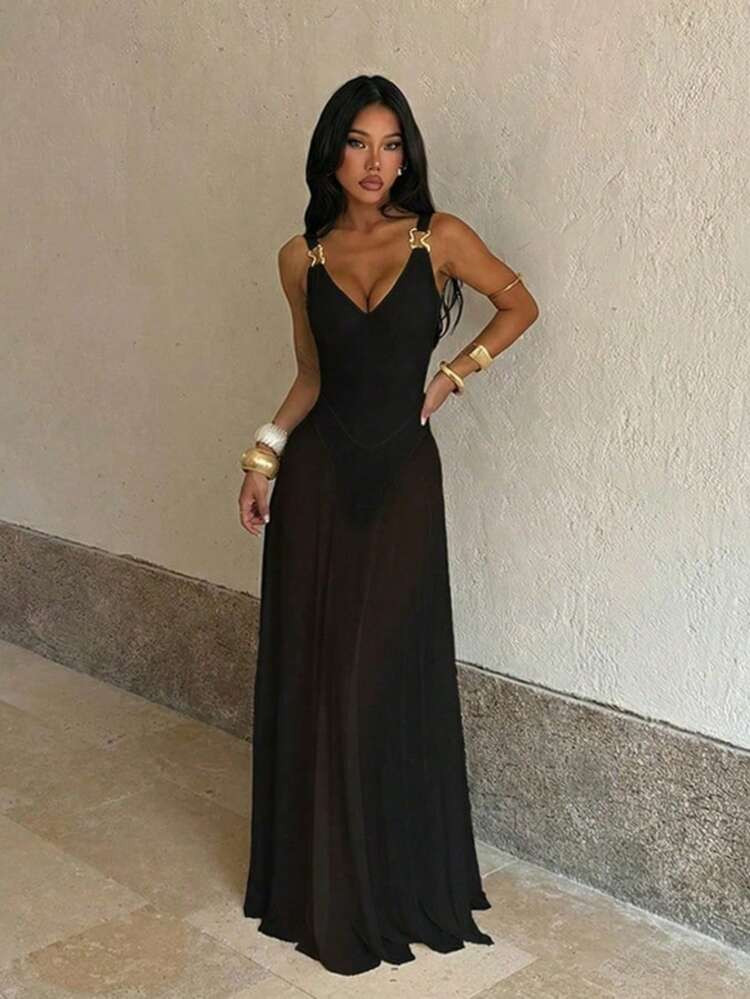 Summer Black Long Layered Mesh A-Line Sexy Dress, Beach Style Fall Wedding | SHEIN