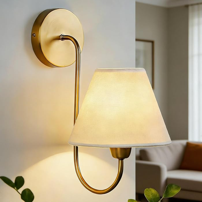 Vintage White Linen Single Swoop Wall Sconce, Retro Gooseneck Wall Sconce in Aged Brass, Elegant ... | Amazon (US)